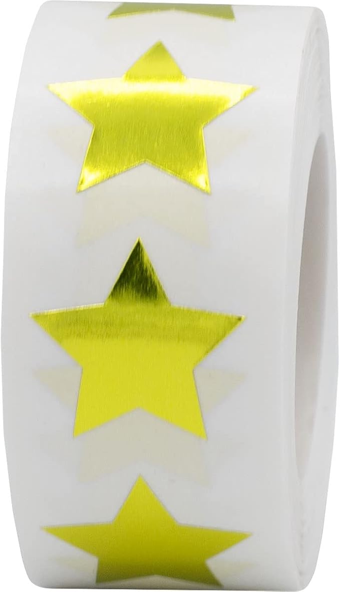 Metallic Gold Star Stickers, 3/4 Inch, 500 Metallic Plastic Labels per Roll - Perfect for Rewards, Decorations, and Crafts in Schools, Offices, and Home Use