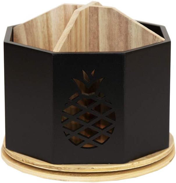 Spinning Desktop Stationary Organizer – Decorative Wooden Rotating Pen and Pencil Cup – 4 Compartment Black Desk and Table Top Office Supplies Station with Pineapple Cutout - by Designstyles