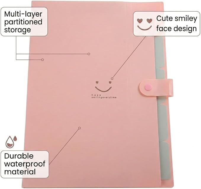 Smile face Expanding File Folder, 5 Pockets Plastic Document Organizer, A4 Letter Size Accordion Folder with Snap Closure, Portable Durable Paper Organizer for Home Office School (Pink)