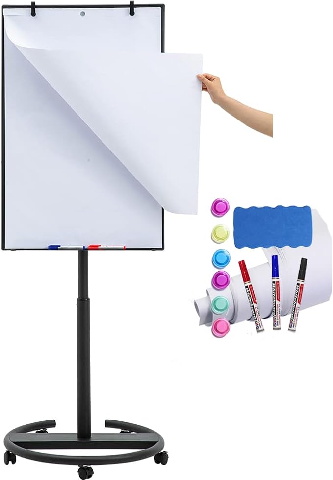 Black Mobile Whiteboard on Wheels 36 x 24 Inch-Rolling Magnetic Dry Erase Easel Board with Flipchart Paper Pad-Height Adjustable Standing Board for Meetings, Classes, Training, Workshops
