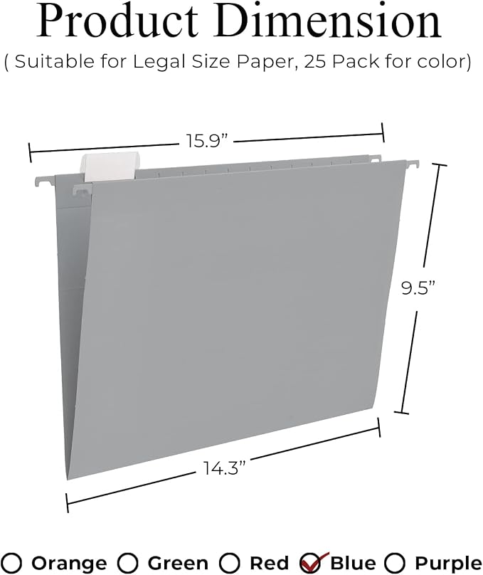Y YOMA Legal Size - 25 Pack Colored Hanging File Folders Decorative Hanging Folder Cute Pretty File Folder for Filing Cabinet Office Home with 1/5-Cut Adjustable Tabs, Morandi Blue Grey