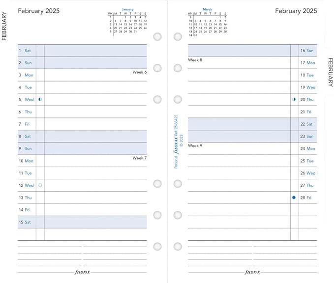 Filofax Calendar Diary Refill, Personal/Compact Size, Month-to-View, with Tabs, White Paper, Ruled, English, 2025 (C68425-25)