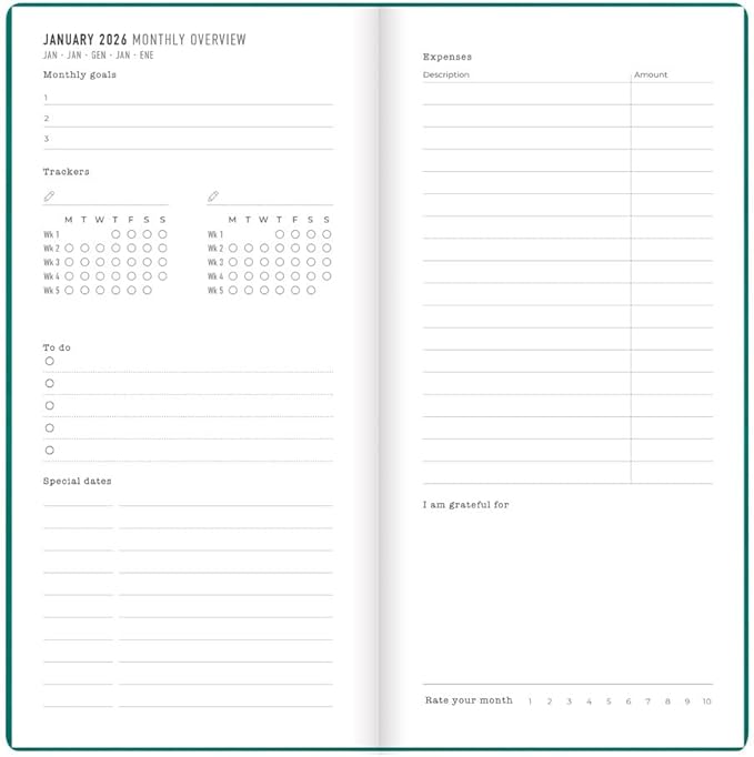 Letts of London® 2026 Woodland Weekly/Monthly Planner, 12 Months, January to December, Slim Pocket Size, 6.625" x 3.25", Sewn Binding, Embossed Cover, Multilingual, Green (C082545-26)
