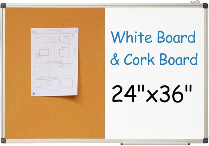 White Board and Cork Board Combo - 36 x 24 Inches Large Dry Erase Whiteboard and Bulletin Board, Magnetic Wall Pin Display Board for Home, Classroom & Office, 24"x36" Cork