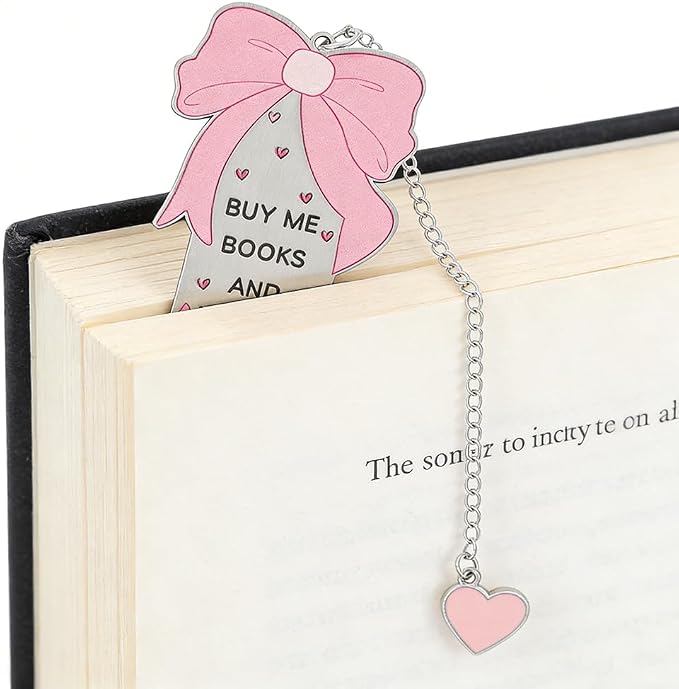 Pink Bow Metal Bookmark Gift Silver Chain Pendant with Bow for Women's Christmas Gift Book Lover Book Accessories School Supplies Office Stationery (Cute Bow Bookmark)
