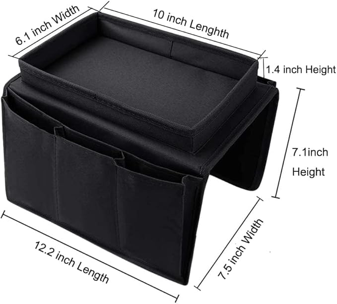 Sofa Armrest Organizer with Cup Holder No-Slip Couch Sofa Armrest Organiser Couch Remote Caddy Control Holder with 1 Large Pockets and 3 Small Pockets for TV Remotes Cellphone Magazines Drinks (Black)