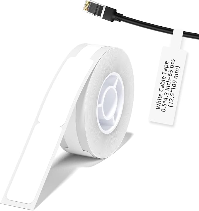 Label Maker Tape NIIMBOT D11 Cable Label Print Paper 0.5"*4.3" Standard Laminated Office Labeling Tape Replacement for D11 Handheld Label Machine Waterproof Tear Proof 1 Roll 65 Pcs Cable（White）