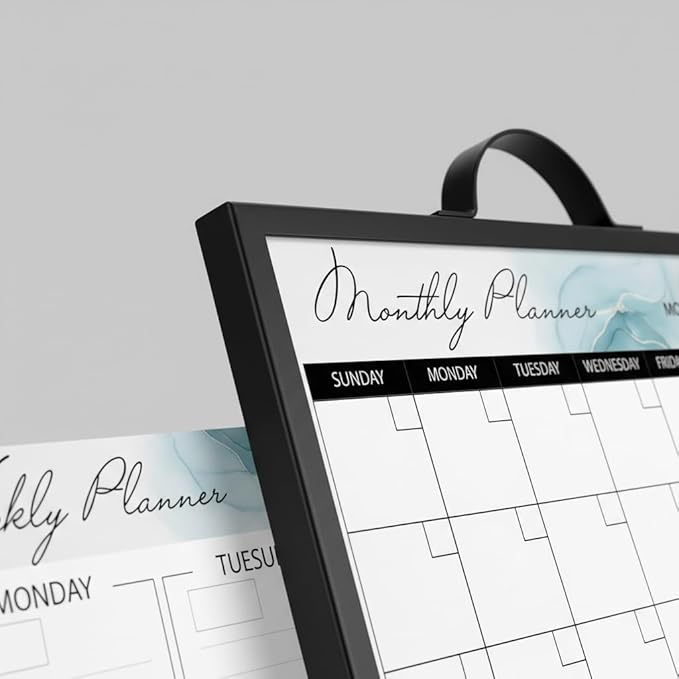 Black Magnetic Dry Erase Whiteboard 12 x 16 Double Sided, Portable Planner Board with Weekly Monthly Sheets, Write and Wipe to Do List Board, Includes 3 Markers Eraser 2 Magnets
