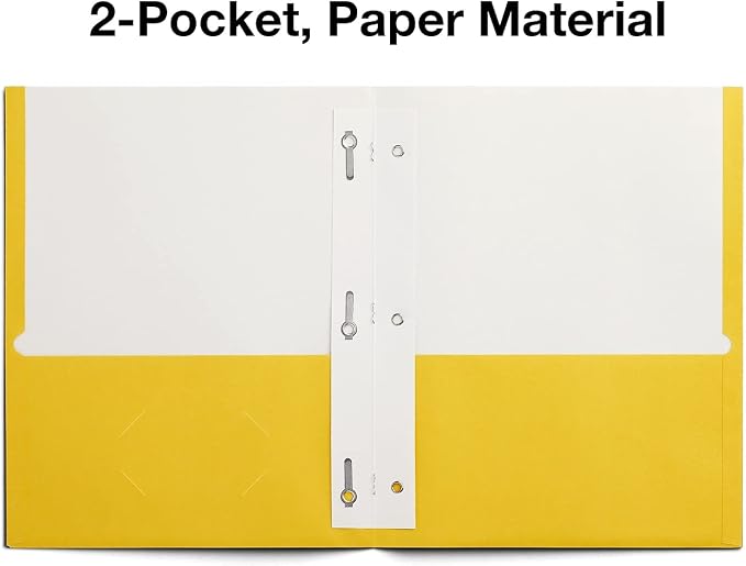 Staples School Grade 2‑Pocket Folders with Fasteners, Yellow, Letter‑Size Durable Classroom & Office File Folders, 25/Box