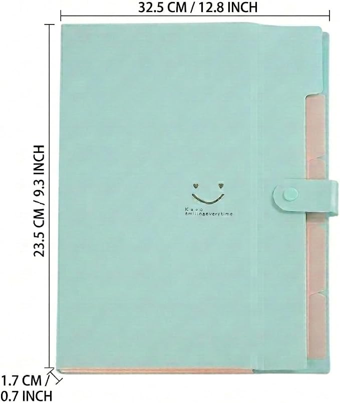 Smile face Expanding File Folder, 5 Pockets Plastic Document Organizer, A4 Letter Size Accordion Folder with Snap Closure, Portable Durable Paper Organizer for Home Office School (Green)