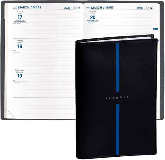 Quo Vadis 2026 Hebdo - Bi-Lingual (EN/FR) - Weekly/Monthly Planner - 12 Months, Jan. to Dec. - 6 1/4 x 9 3/8" - Smooth Faux Leather Billy Black Covers - Productivity Time Management Organizer