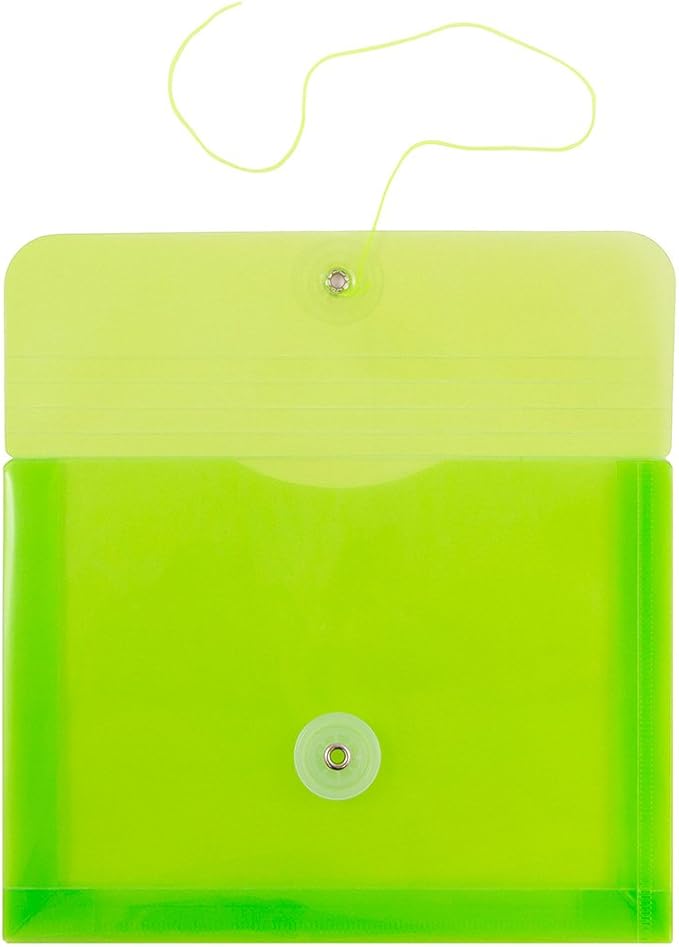 JAM PAPER Plastic Envelopes with Button & String Tie Closure - Index Size - 5 1/2 x 7 1/2 - Lime Green - 12/Pack