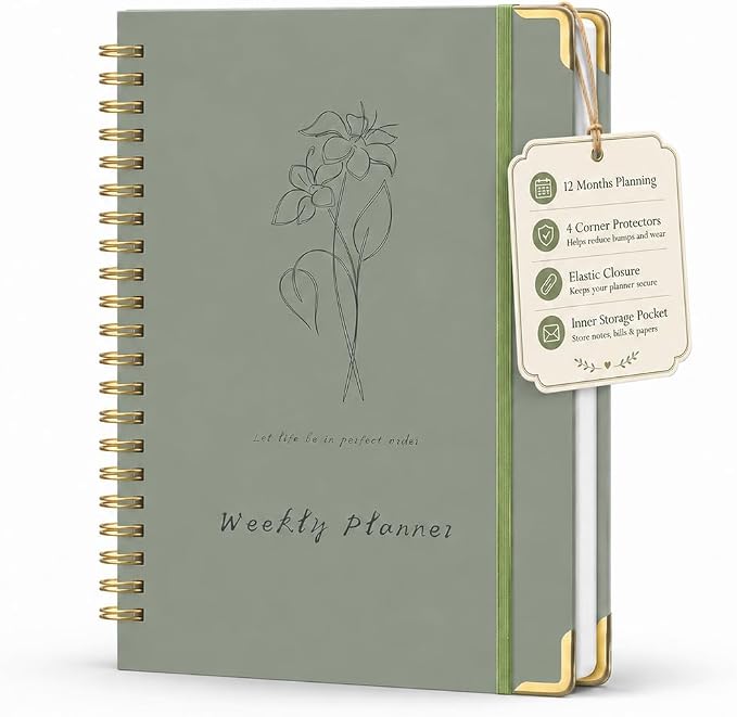 Undated Hardcover Weekly Planner with Metal Corner, 6 x 8 Inch Productivity Organizer Journal with To Do List, Habit Tracker,Weekly Goals & Organize Pocket for ADHD,School, Office, Home ,Gifts, Spiral Bindding ,Green