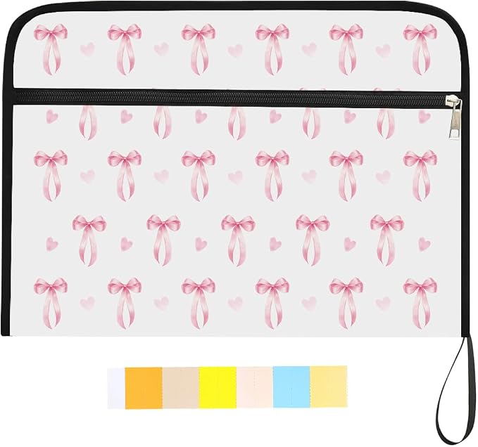 WEBEEDY Pink Bow Expanding File Folder 13 Pockets Coquette Ribbon Bow Accordion File Organizer with 12 Color Labels and Zipper, Travel Document Organizer for Photo Letter Bill Receipt Paper, A4 Size