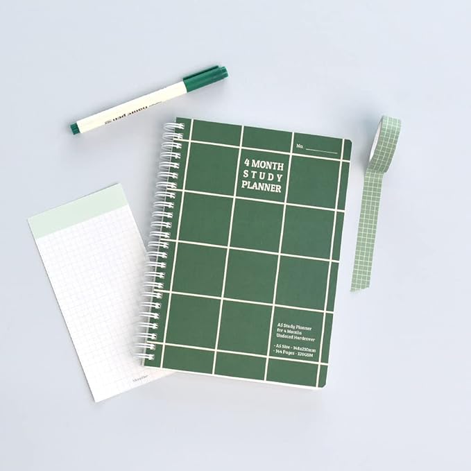 Monolike Checkers 4 Month Study Planner, Green - Academic Planner, Weekly & Monthly Planner, Study plan