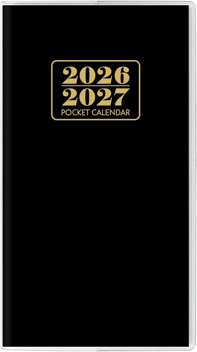 Pocket Calendar 2026-2027, Monthly Purse Planner (6.7" x 3.7") Runs from January 2026 to December 2027, Solid Black Pocket Calendar with PVC Cover for Planning, Organizing, and Office Use