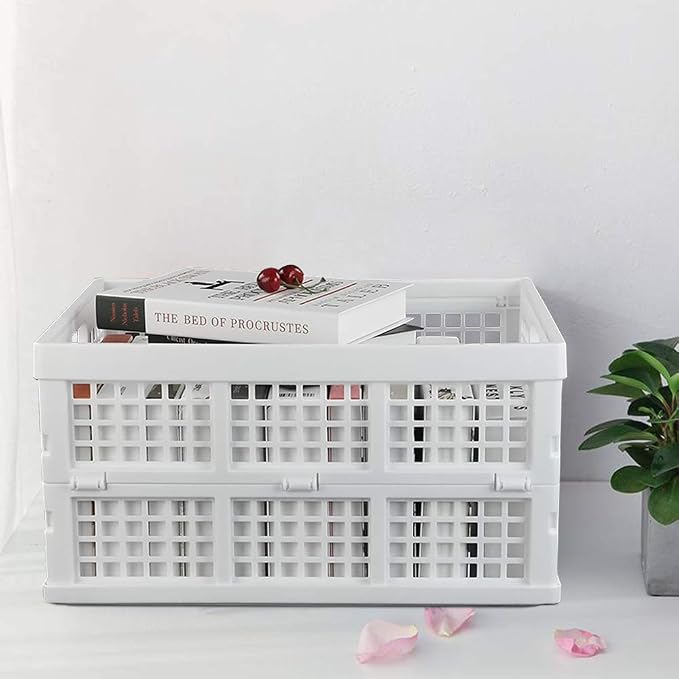 Asking 3-Pack 30 L Plastic Stacking Collapsible Crate, Folding Storage Crate, White