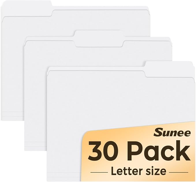 SUNEE File Folders, 30 Pack Manilla Folders 8.5 x 11, Colored File Folders Home Office School Supplies for Documents Files Paper, White