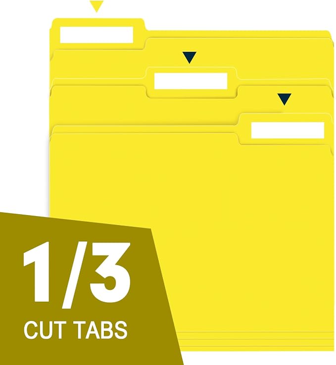 RAZCC File Folders, 100-Pack, 1/3 Cut, Letter Size, Yellow, Great for Organizing and Easy File Storage
