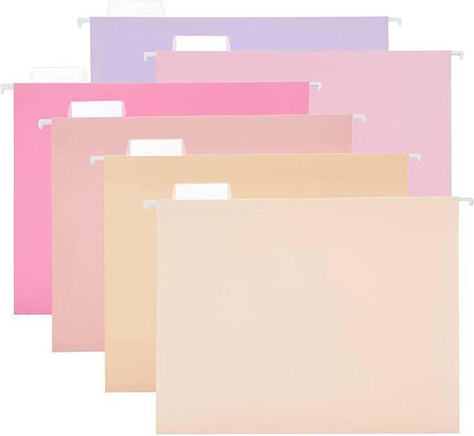 12 Pack Hanging File Folders Letter Size, Reinforced Folders with 1/5-Cut Adjustable Tabs for Filing Cabinet, Durable School & Office File Organizer, Pink Design
