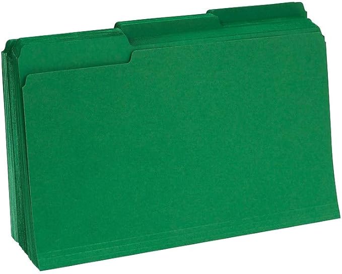 Staples Colored File Folders, Legal Size, 3‑Tab Top‑Tab Design, Green, Durable Paper Stock, 100/Pack