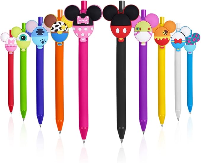 AUAUY 10PCS Cartoon Ballpoint Pens, Cute Mouse Head Character Ears Pens, Retractable Ballpoint Pen, Multi Color Jumbo Autograph Princess Pencil Signature Office Accessories for Teacher Student