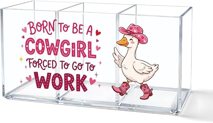 Pink Western Goose Acrylic Pen Holder for Desk, Born To Be A Cowgirl Forced To Go To Work Desk Organizer for Office Home, Back to School Gifts, Funny Sarcastic Office Gifts for Women Coworkers
