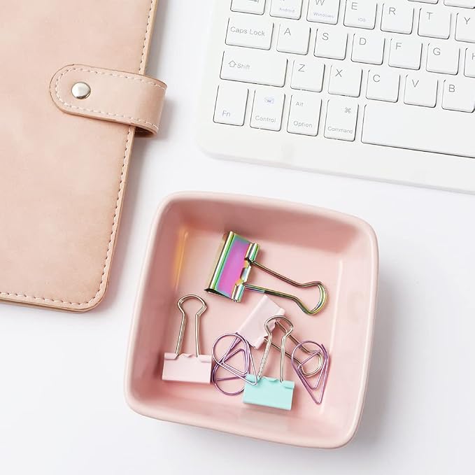 AxeWoodz Pink Paper Clips Holder 2pcs Ceramic Square Round Shape Paper Clip Dispenser Set Paperclip Holders Office School Home Desk Organizers for Daily Desktop Cute Accessories Storage Plate (Pink)