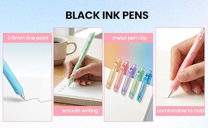 Black Ink Gel Pens: 5 Count Quick dry 0.5mm Fine Point Pens - Smooth Writing Silent Clicker Retractable for School Office & Cute pretty gift