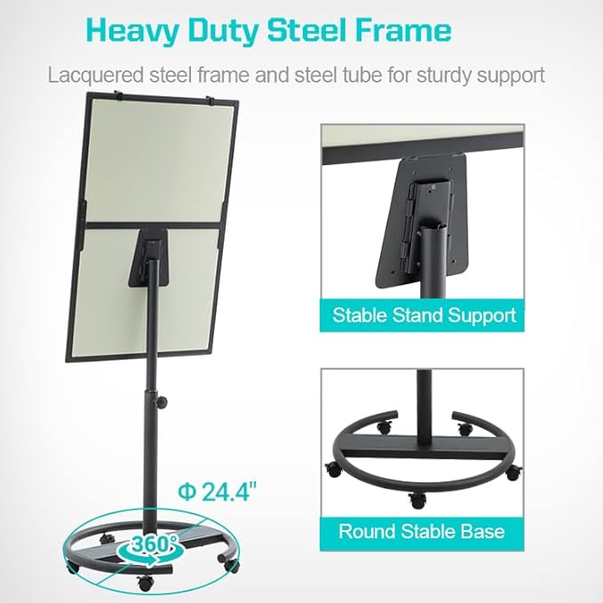 Black Mobile Whiteboard on Wheels 36 x 24 Inch-Rolling Magnetic Dry Erase Easel Board with Flipchart Paper Pad-Height Adjustable Standing Board for Meetings, Classes, Training, Workshops