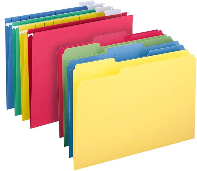 Smead Hanging File Folder Kit, Letter Size, Set of 24 Hanging File Folders and 24 Top Tab File Folders, Assorted Colors (Red, Yellow, Blue, Green)