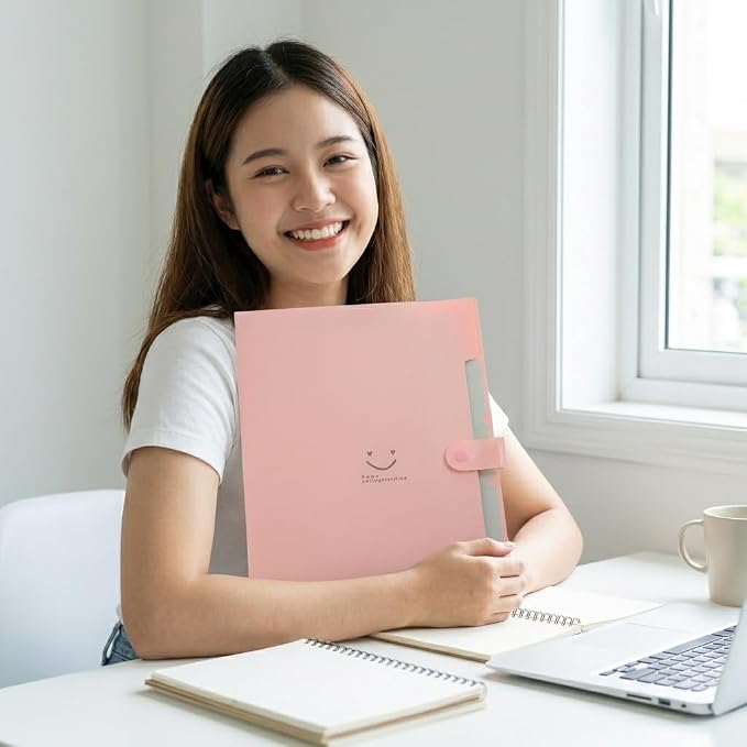Smile face Expanding File Folder, 5 Pockets Plastic Document Organizer, A4 Letter Size Accordion Folder with Snap Closure, Portable Durable Paper Organizer for Home Office School (Pink)