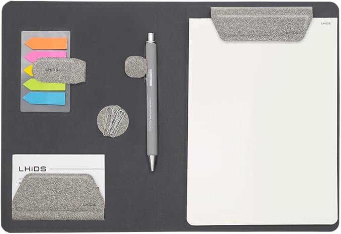 LHiDS Creative Magnetic Business Portfolio Resume Padfolio Organizer, A5 Folder with Clipboard, Paper Clip, Writing Pad, Magnetic Closure for Work, School and More, Grey