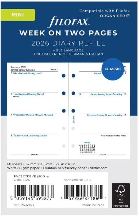 Filofax Calendar Diary Refill, Mini Size, Week-to-View, White Paper, Unruled, Multilingual: Four Languages, 2026 (C68127-26)