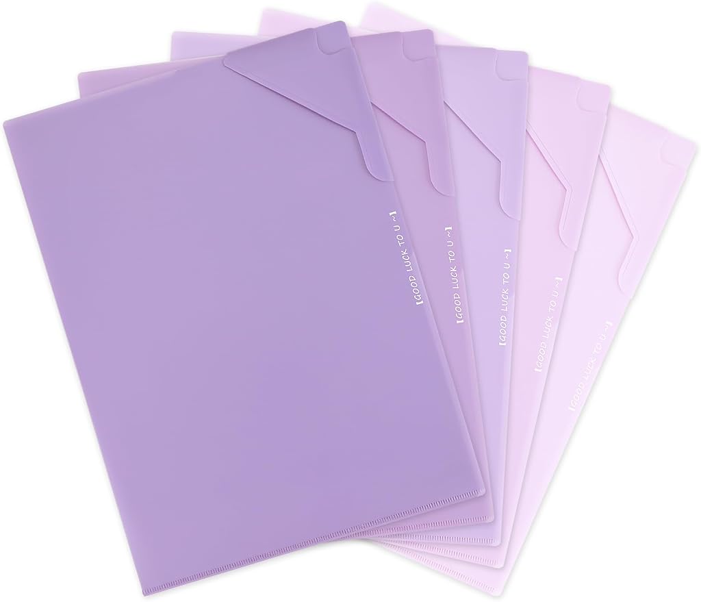 Plastic Folders Sleeves, Gradient Colors Plastic Project Pockets for Paper 11.9 × 8.5 Inches, Transparent Document Folders for School and Office Supplies (5 Pack, Purple)