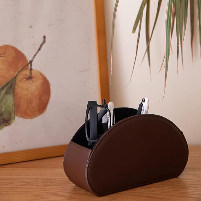 Remote Control Holder Organizer Table Desk Leather Control Storage TV Remote Control Organizer with 5 Spacious Compartments (Dark Brown)