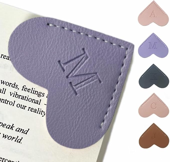 Personalized Leather Book Marks, Heart Bookmark, Unique Cute Handmade Letter Bookmarks Accessories for Reading Women, Teacher, Student, Book Lovers Book Mark Gifts (Purple, M)
