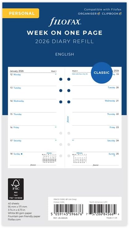 Filofax Calendar Diary Refill, Personal/Compact Size, Week on One Page, White Paper, Unruled, English, 2026 (C68426-26)