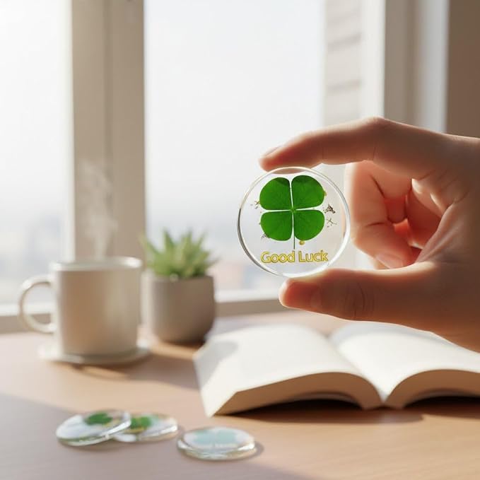 Real Four Leaf Clover Good Luck Pocket Token, Preserved Flower Resin Charm Gold Silver Foil, Real Clover for Wallet, Purse, Bag (Round Good Luck)