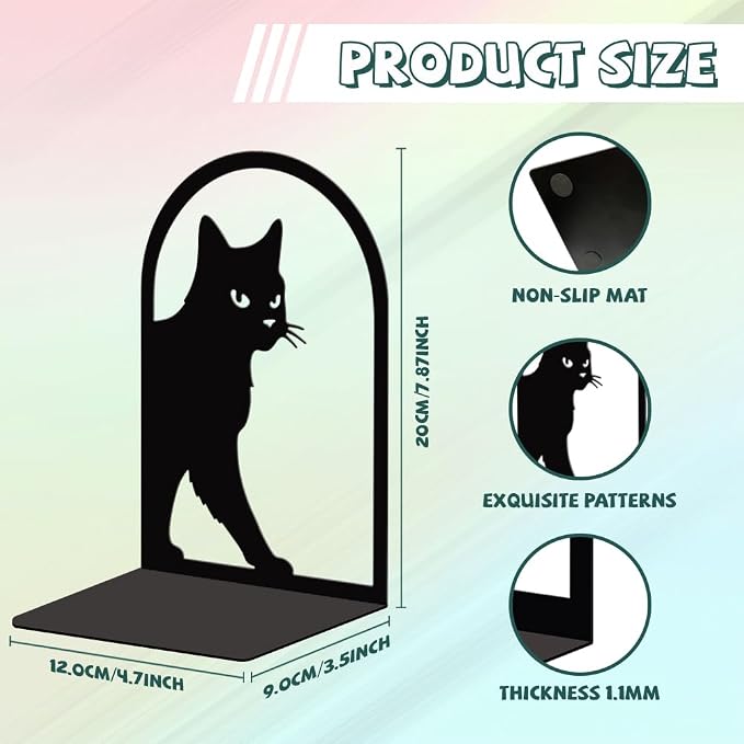 Peacoblue Metal Bookends for Shelves, Modern Decorative Heavy Duty Study Book Support Stoppers for Office, Desk, Shelf, Room 5.3"x4.3"x7.9" Cast Iron Simple Tall Bookends, 1 Pair (Cute Cat)