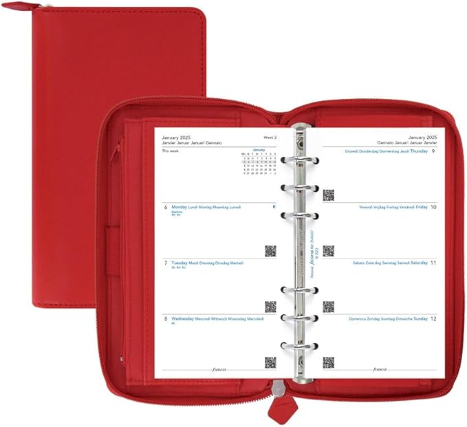 Filofax Saffiano Zip Organizer, Personal Compact Size, Poppy - Cross-Grain, Leather-Look, Six Rings, Week-to-View Calendar Diary, Multilingual, 2025 (C022534-25)