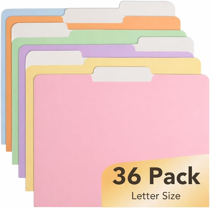 Mr. Pen- Poly File Folders with Tabs, 1/3 Cut Tab, 36 Pack, Letter Size, Pastel Colors, Plastic File Folders Letter Size (8.5 x 11 inches) for Office, School, Business, Documents Files Paper
