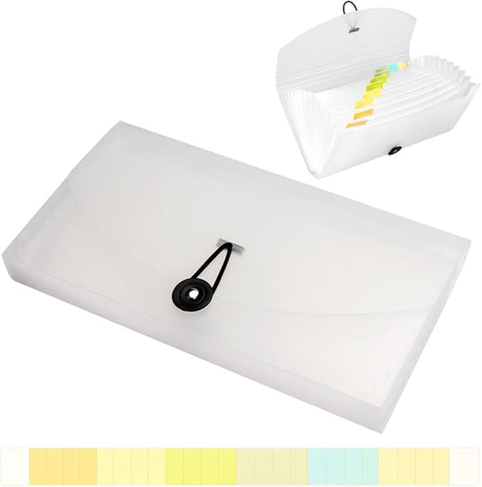 Oak-Pine 13 Pocket Receipt Folder/ Accordion File Organizer/ Plastic Check Bill File Folder/Expanding File Folder/ Expanding Coupon Organizer with Labels/ Document Organizer Folder (White Translucent)