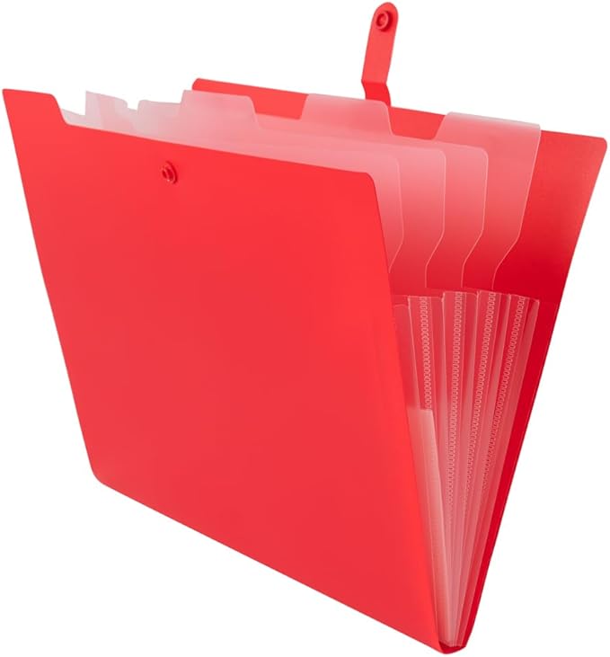 JAM PAPER Slim Expanding File Folder - 5 Pocket Plastic File Folder – Snap Closure - 9 x 11 1/2 - Red - Sold Individually