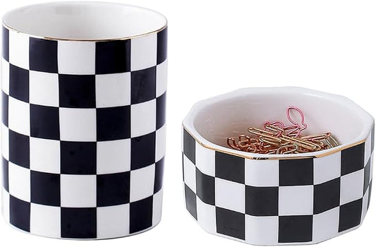 Aesthetic Desk Organizer Set of 2 For Office, Pen Holder and Paper Clip Holder Dispenser, Checkered Ceramic Cute Pencil Cup Pot, Desktop Accessories, Office Decor, Ideal Gifts (Black)