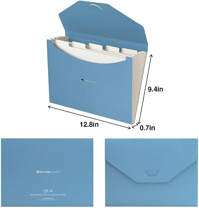 Blue Lake ECOLIFE 6-Pockets Recyclable Paper Expanding File Document Folder Plastic Free, Accordian File Organizer - A4 Letter Size, 200 Sheet for School, Office, Home Carolina
