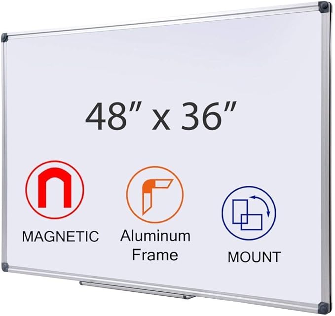 48 x 36 Inches Magnetic Whiteboard for Home Office Collaboration, Classroom Teaching - 4 x 3 ft Anti-Ghosting Dry Erase Board with Aluminum Frame for Brainstorming and Agile Management