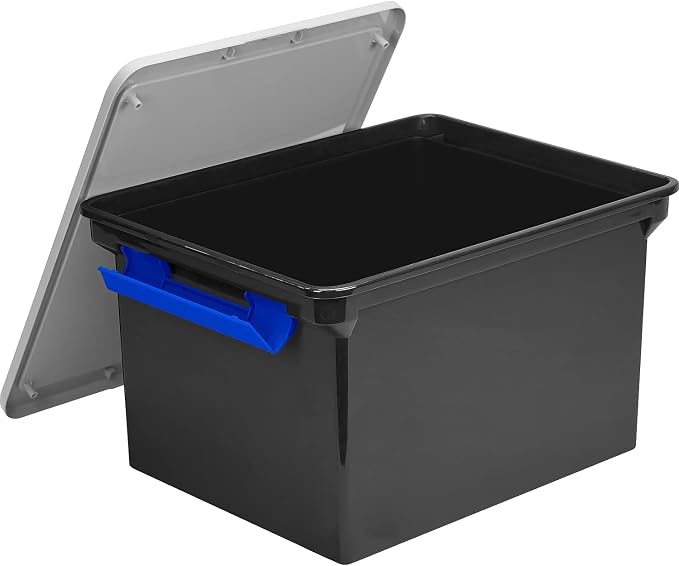 Storex 61543U01C Portable File Tote w/Locking Handle Storage Box Letter/Legal Black/Silver