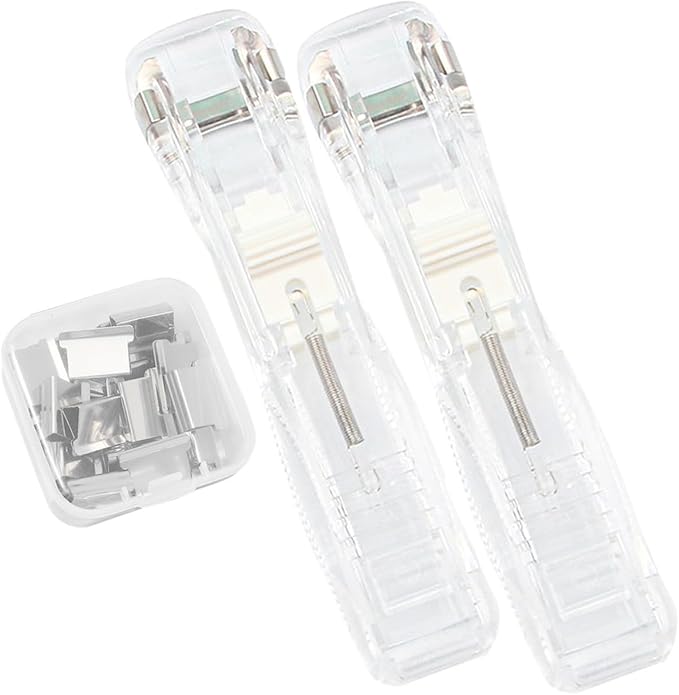 Amosfun Reusable Desktop Stapler Set with White Fastener Clips, Portable No-Nail Binding Tool for Office and Student Document Organization