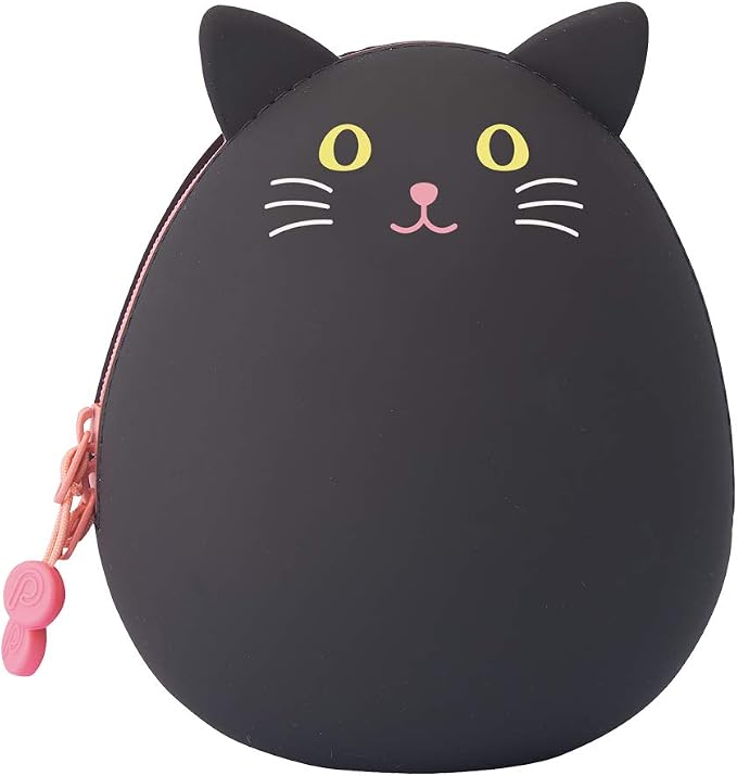 LIHITLAB PuniLabo Zipper Pouch, Egg-Shaped, 3.8" x 4.7", Black Cat (A7783-3)